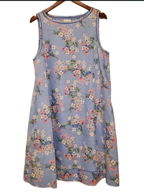 J. Jill Love Linen Blue Floral Sleeveless Shift Dress Size Large - Picture 2 of 12